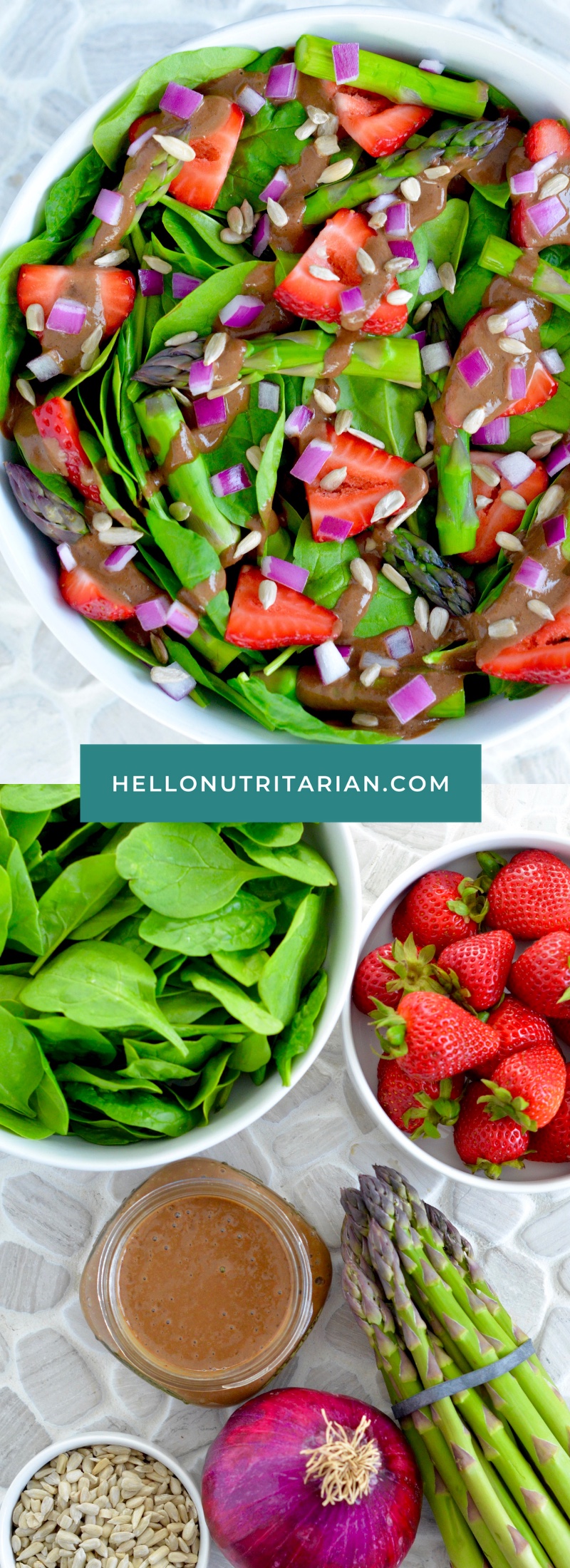 Oil-Free Strawberry Spinach and Asparagus Salad Recipe by Hello Nutritarian Vegan Whole Food Plant Based SOS-Free Vegan Whole30 Dr Fuhrman Eat to Live Daily Chef AJ Dr Greger How Not to Diet
