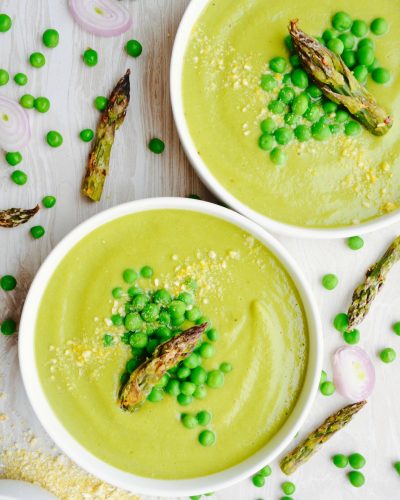 Roasted asparagus and pea soup no oil no added salt recipe Dr fuhrman eat to live diet the end of dieting 6 week program Dr Greger How not to Diet Forks over Knives