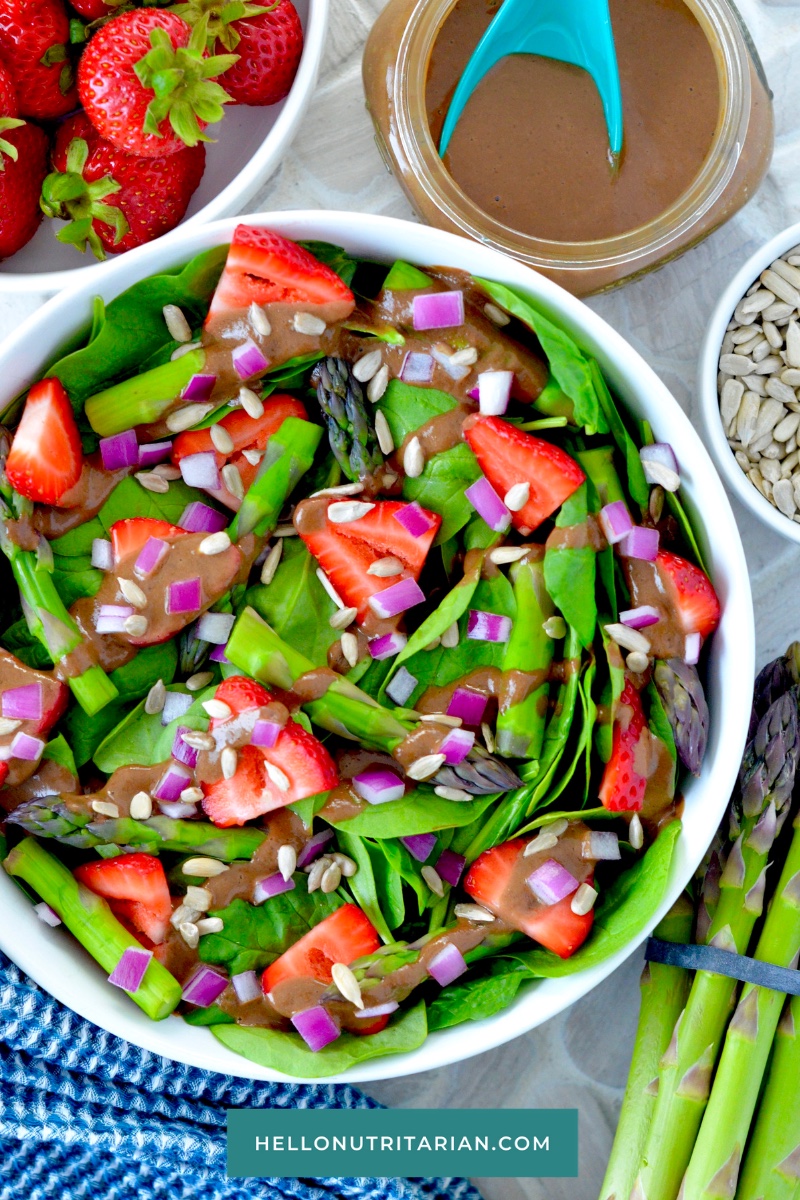 Strawberry Spinach Asparagus Salad with Oil Free Balsamic Vinaigrette Dressing Recipe by Hello Nutritarian Vegan Whole30 Whole Food Plant Based Dr Fuhrman Eat to Live diet plan 6 week