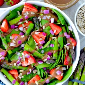 Strawberry Spinach Asparagus Salad with Oil Free Balsamic Vinaigrette Dressing Recipe by Hello Nutritarian Vegan Whole30 Whole Food Plant Based Dr Fuhrman Eat to Live diet plan 6 week