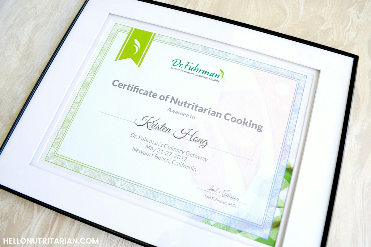 Certificate of Nutritarian Cooking Dr Fuhrman Culinary Getaway Retreat