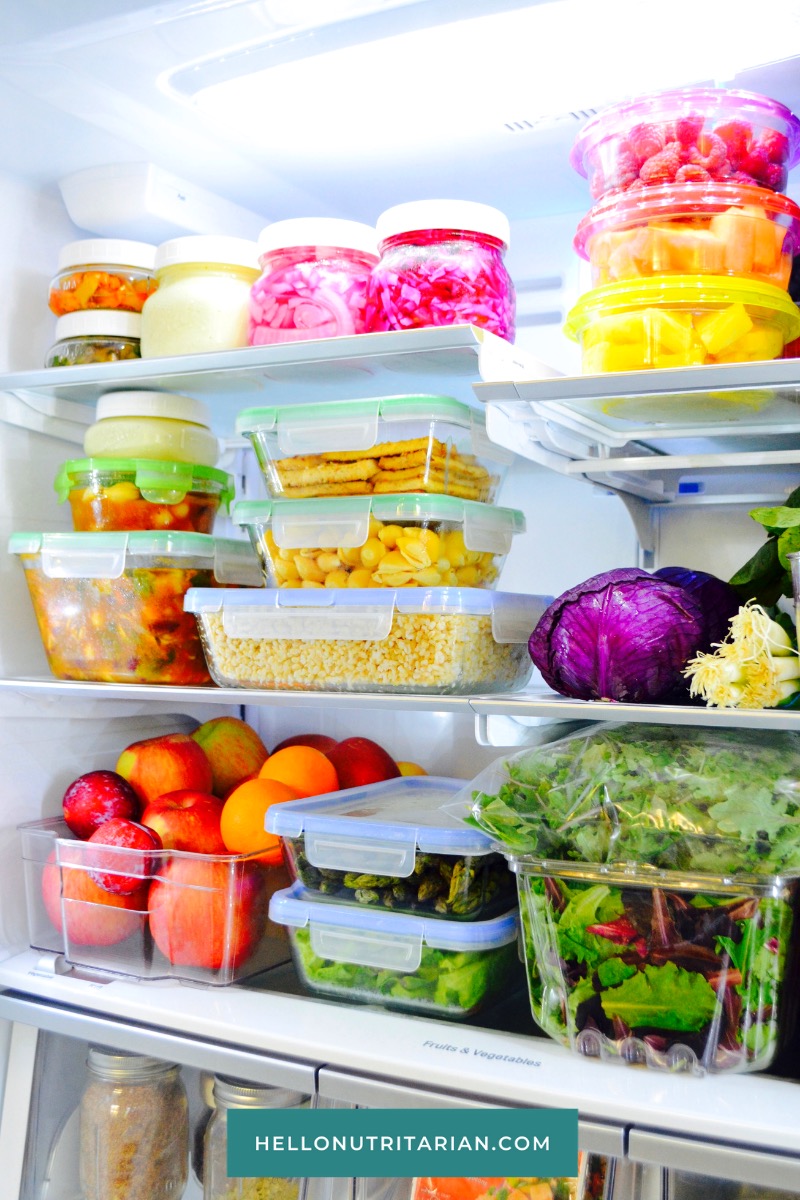 Refrigerator Organization Healthy Vegan Meal Prep Food Storage Containers Marie Kondo Kitchen organization Batch food prep Hello Nutritarian