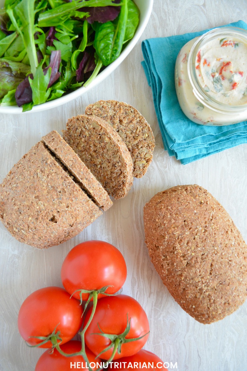 Nutritarian Bread Options Manna Bread Multigrain and Sunseed with Sun Dried Tomato Hummus from Nutritarian Food Prep Power Plan