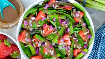 Oil Free Strawberry Spinach and Asparagus Salad Recipe Landscape Featured Image
